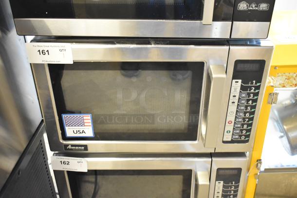 2021 Amana RCS10TS stainless steel commercial microwave, 120V, 1 phase. Features keypad controls and USA fabrication label.