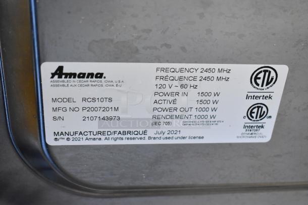 2021 Amana RCS10TS Stainless Steel Commercial Microwave Oven label. Model, power, and certification details visible.
