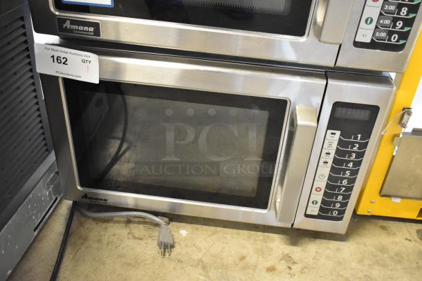 2016 Amana RCS10TS stainless steel commercial countertop microwave oven, 120 volts, 1 phase, keypad controls, good condition.