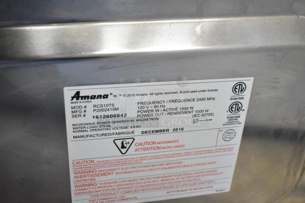 2016 Amana RCS10TS stainless steel commercial countertop microwave oven. Features model label indicating 120V, 1 phase.
