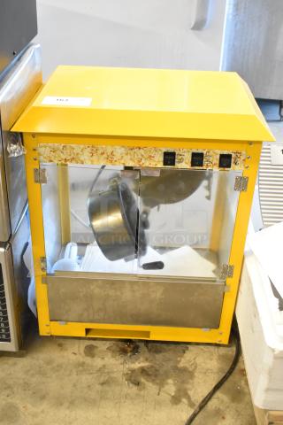 2019 OY-828 Metal Popcorn Machine, yellow, countertop model, 110V, with controls, transparent front.