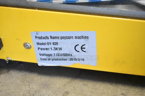 2019 OY-828 Metal Popcorn Machine, 110V, 1 Phase. Visible label with model, power: 1.3KW, and production date: 2019/3/16.