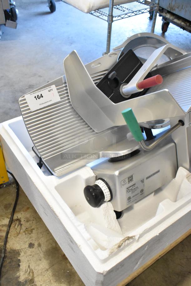 2021 Bizerba GSP HD stainless steel commercial meat slicer, 120 volts, 1 phase, in excellent condition with manufacturer label.