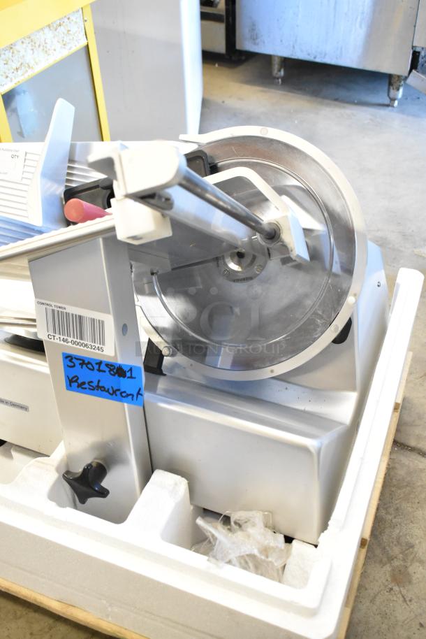 2021 Bizerba GSP HD stainless steel meat slicer, pristine condition, 120 volts, 1 phase, with visible control labels.