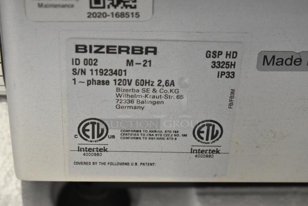 2021 Bizerba GSP HD Stainless Steel Meat Slicer label showing 120V, 60Hz, 2.6A, ETL certification, model GSP HD.