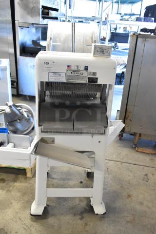 Oliver 797-32NC metal commercial bread loaf slicer, floor style, on casters. Features 115V, 1 phase. Visible branding and labels.
