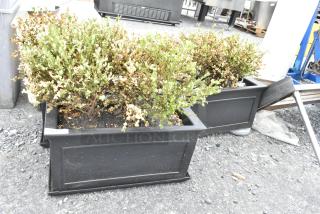 Three black planters containing lush greenery, placed outdoors on gravel.