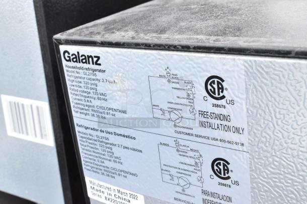 Galanz GL27S5 mini cooler label showing model, specs, and installation instructions. Part of a lot with 5 other coolers.
