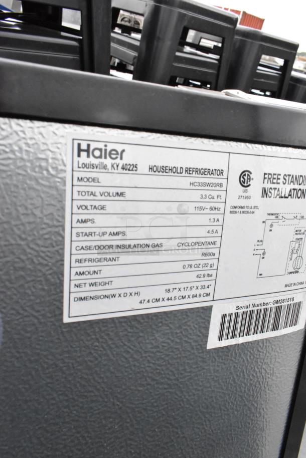 6 mini coolers, including Haier HC33SW20RB. Features: 115 volts, 3.3 cu ft. Tag shows model and specs.