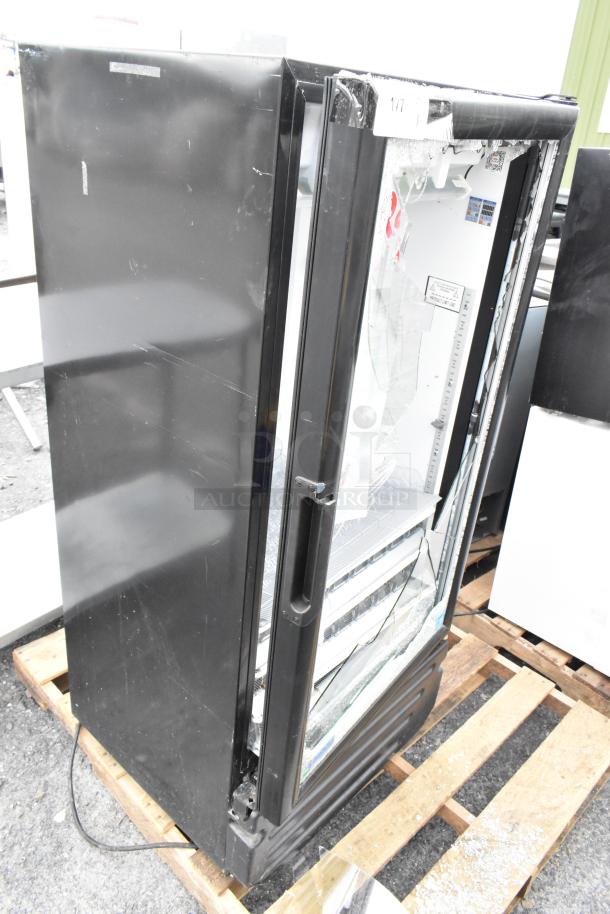 Imbera VR10 commercial cooler with single glass door, visible glass damage, metal exterior, poly-coated racks, 115V, 1 Phase.