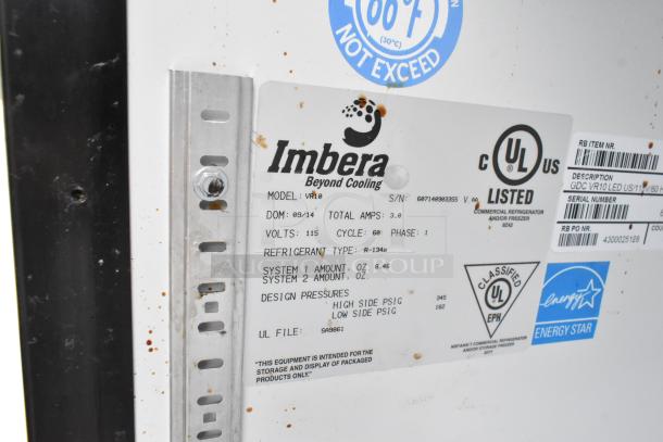 Imbera VR10 Commercial Cooler label, showing UL listing, energy ratings, model, and electrical specifications.