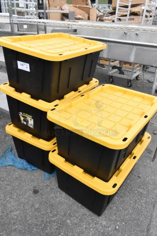 Five black 27-gallon poly bins with yellow lids, stacked. Markings indicate "178" with "x5." Bins show minimal wear.