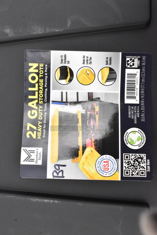 5 black 27-gallon poly bins with yellow lids, snap-fit design, and holes for locks. Made from recycled material, USA-made.