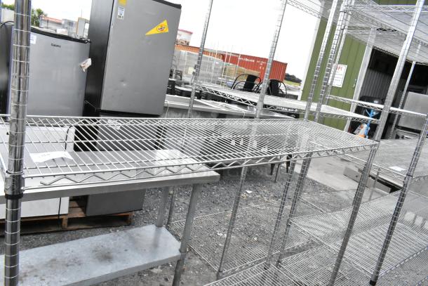 Chrome finish 3-tier wire shelving unit, durable and spacious. Buyer must dismantle for shipping, freight charges apply.