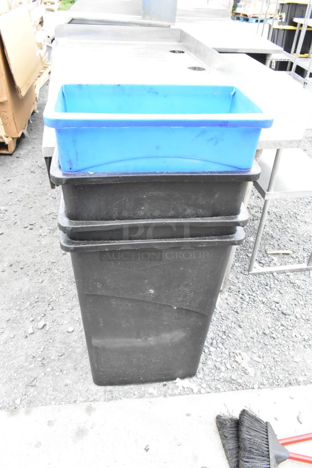 Four Poly Slim Jim trash cans with a blue bin on top. Includes brooms. Used condition. Auction increases bid fourfold.