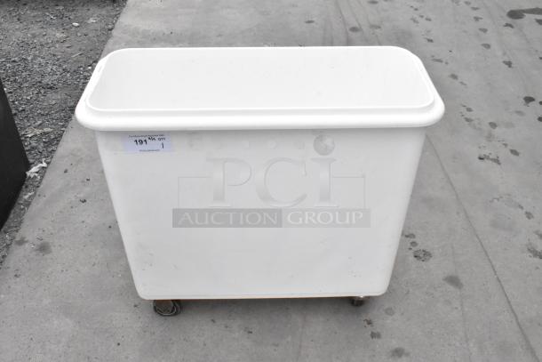 White poly ingredient bin on commercial casters, good condition, barcode tag visible, ideal for storage or transport.