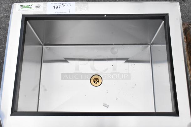 Regency 600DIIB1824 stainless steel drop-in ice bin, NSF certified, new condition, visible drain plug, suitable for bar use.