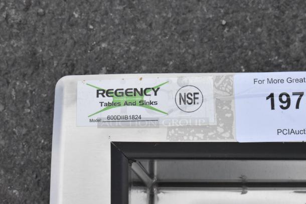 Regency 600DIIB1824 stainless steel drop-in ice bin, NSF certified, shown with label. Suitable for commercial use.