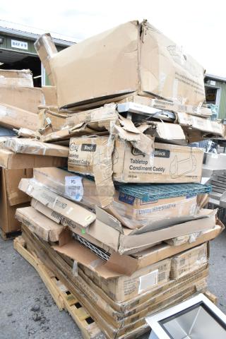 Stack of damaged boxes containing Regency 24" x 72" green epoxy wire shelves and Steelton 24" x 60" chrome shelf kits.