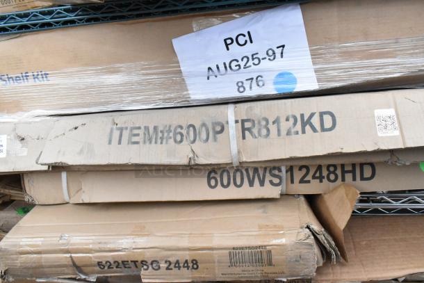 Boxes of 32 new scratch and dent items, including Regency epoxy wire shelf and Steelton chrome shelf kit, marked with item numbers.