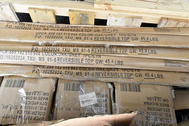 Boxes of 32 new scratch and dent items including Regency and Steelton wire shelf kits, with labeling showing color and weight.