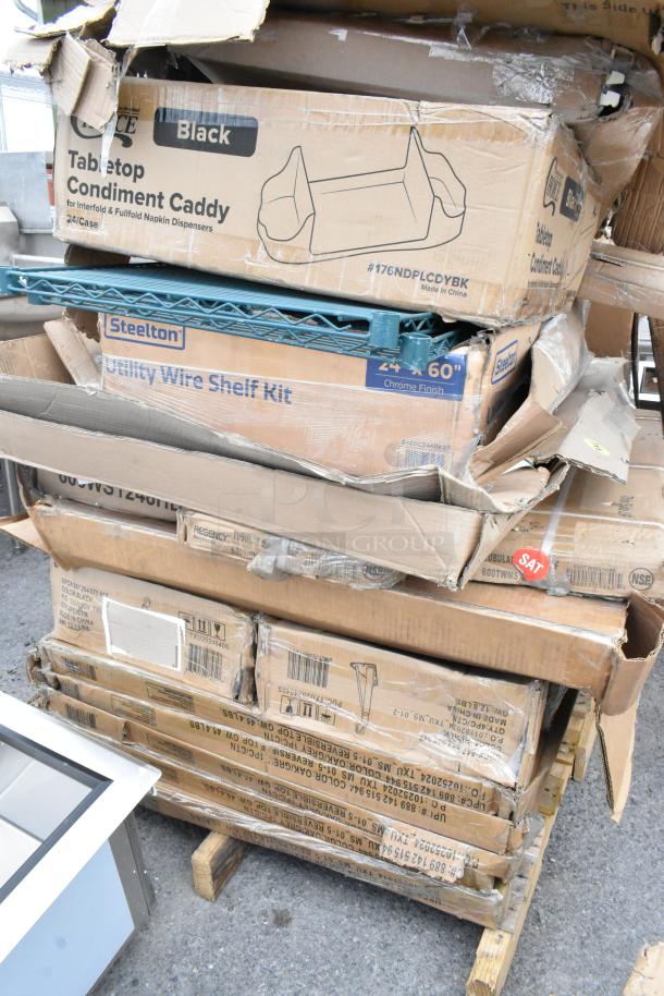 Pile of brand new boxes with Regency 24"x72" NSF green epoxy wire shelf and Steelton 24"x60" NSF chrome 5-shelf kit.