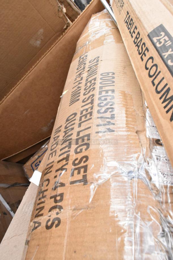 Boxes of new scratch and dent items, including stainless steel leg set, labeled "Quantity: 4 PCS, Made in China."