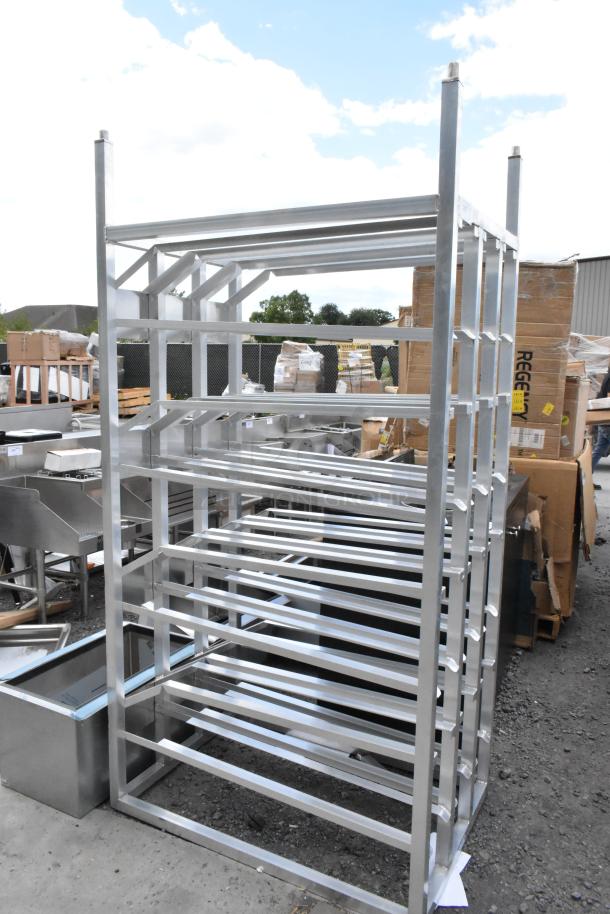 YCR-156 FIO Metal Commercial #10 Can Rack, sturdy metal construction, multiple angled shelves, excellent condition.