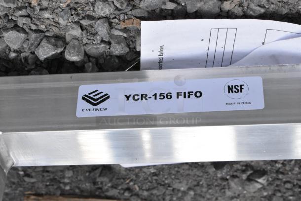 YCR-156 FIFO Metal Commercial #10 Can Rack by Evernew, labeled NSF, made in China, on gravel surface.