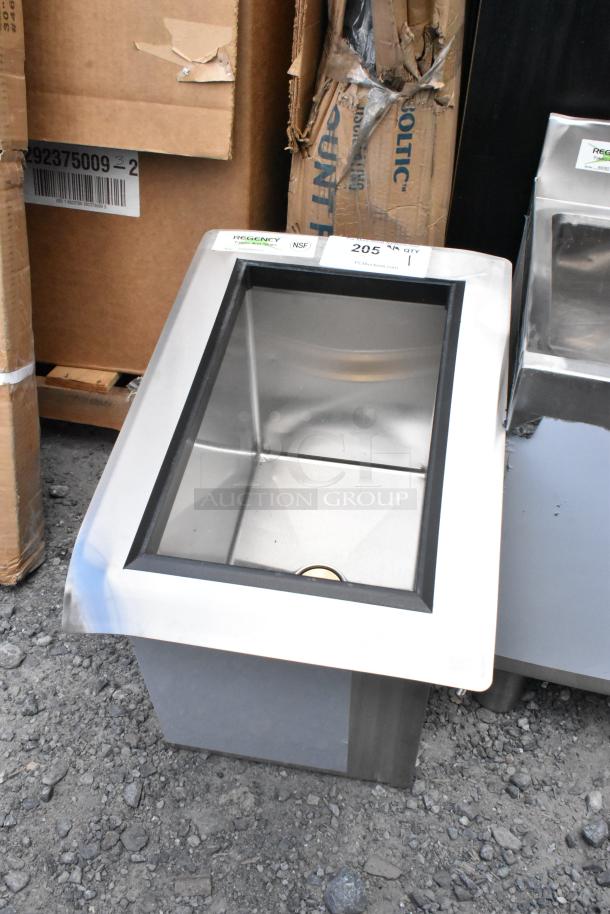 BRAND NEW Regency 600DIIB1812 Stainless Steel Commercial Drop-In Ice Bin with Cold Plate, slight scratches and dents visible.