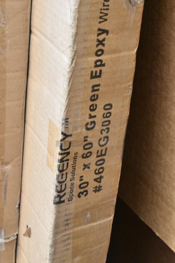 Cardboard box labeled "Regency 30x60 Green Epoxy #460EG3060," indicating new shelf item.