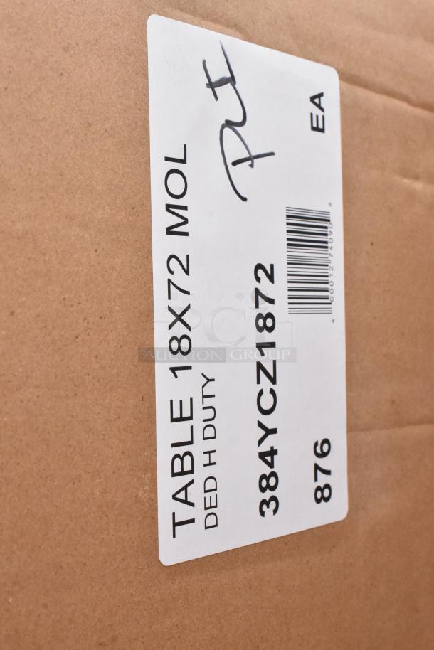 Label on cardboard box for 384YCZ1872 Lancaster Table, 18x72" heavy-duty model, with barcode and item details.