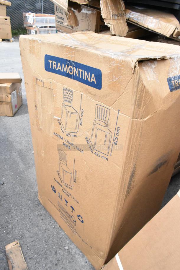 Box labeled "Tramontina Chair" with scratch and dent damage, showing images and dimensions of the chair inside.