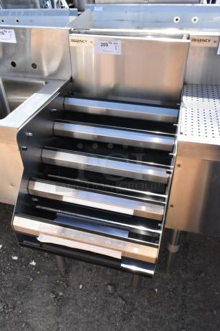 Regency Spec Line stainless steel bottle rack merchandiser, brand new, scratch and dent condition, visible label with model info.