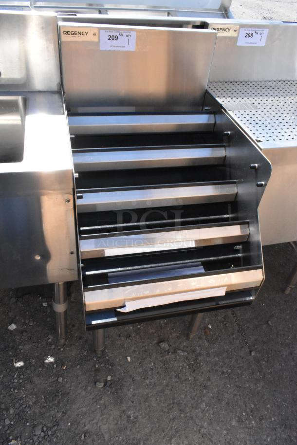 BRAND NEW SCRATCH AND DENT Regency Spec Line stainless steel bottle rack merchandiser with visible labeling and adjustable shelves.