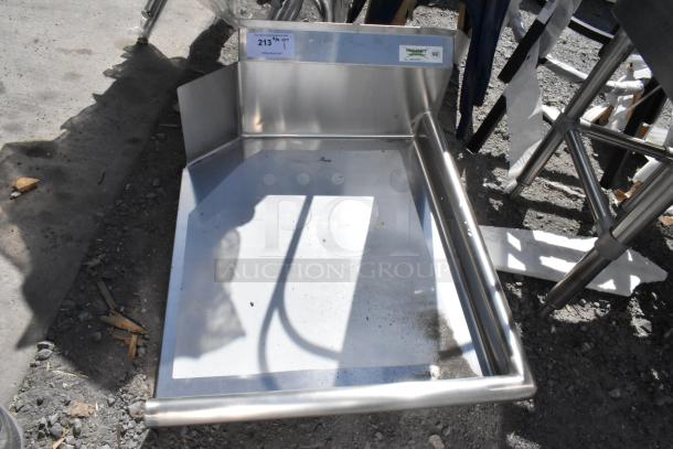 Brand new Regency 600CDT24R 16-gauge 2' clean dish table, right drainboard. Scratch and dent. Manufacturer label visible.