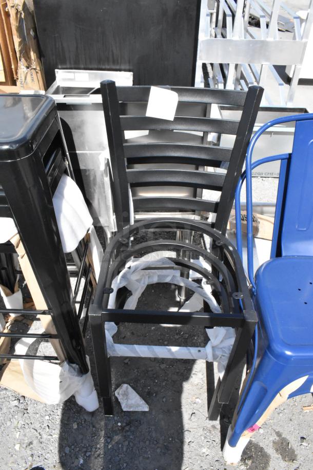 Set of 14 scratch and dent metal seating items: black chair, blue and black Tolix style stools, gray chairs. Brand new.