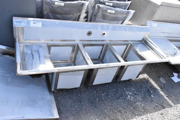 Regency 600S31416212 stainless steel 3-bay sink with dual drain boards, scratch and dent, no legs, brand new condition.