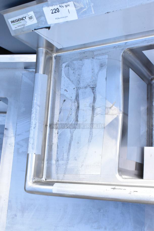 Regency 600S31416212 stainless steel 3-bay sink with dual drain boards, scratch and dent, no legs. Brand new condition.