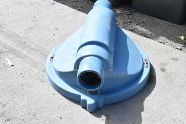 Brand new Thermaco Trapzilla TZSP-40 Sample Port, 4" inlet/outlet, 1/2" fall gradient, scratches visible, blue color.