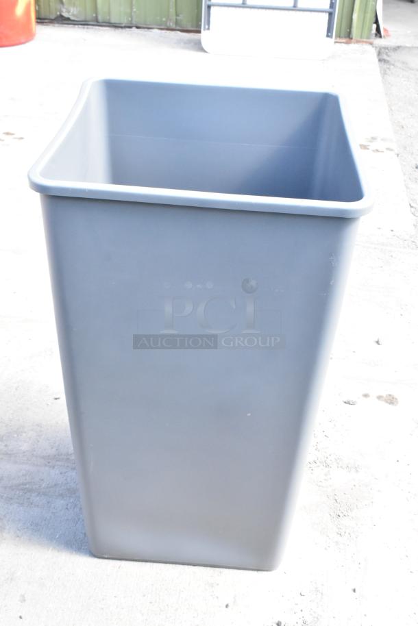 Gray poly trash can, brand new with minor blemishes, square shape, durable material. Auction lot of 19.