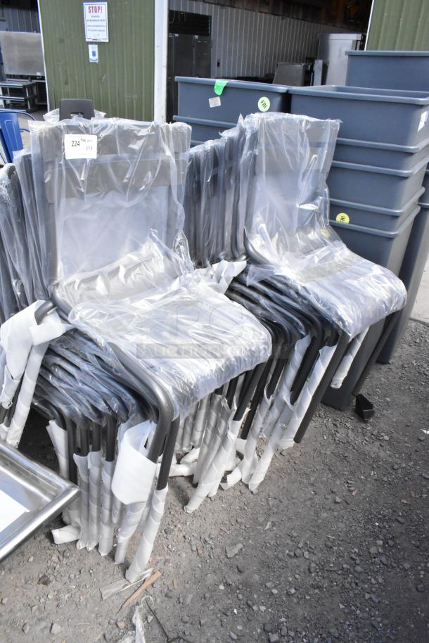 23 scratch and dent brown metal outdoor dining height patio chairs, brand new, wrapped in plastic, ready for auction.