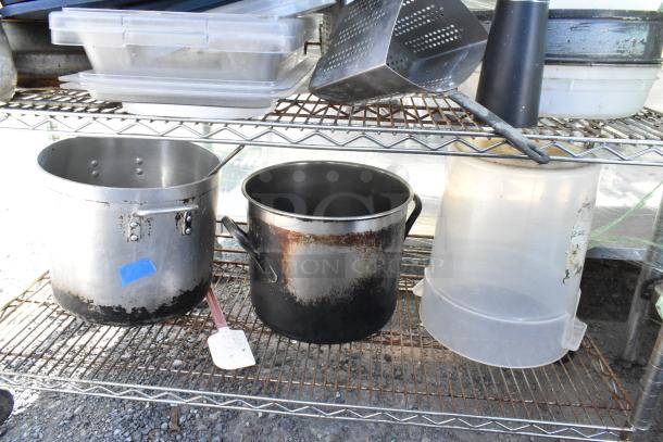 Chrome finish 5-tier wire shelving unit with poly bins, stock pot, Pelouze scale, china cap strainer, and lids. Buyer dismantles.
