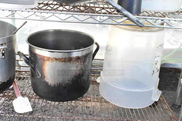 Chrome finish 5-tier wire shelving with contents: poly bins, stock pot, Pelouze scale, china cap strainer, lids. Buyer to dismantle.