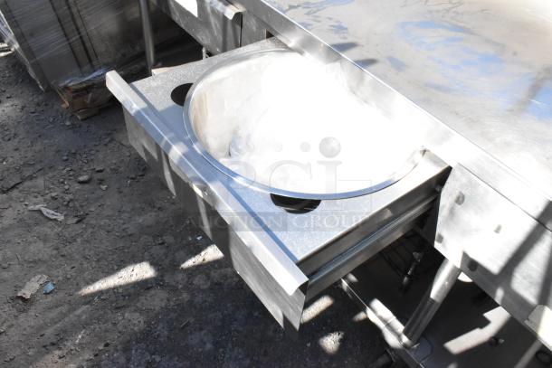 Belshaw stainless steel commercial prep station with over shelf, drawers, and under shelf on casters, in good condition.