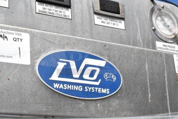 LVO FL14E stainless steel commercial pot and pan washer, floor style, 460V, 3-phase, front load, with control panel.