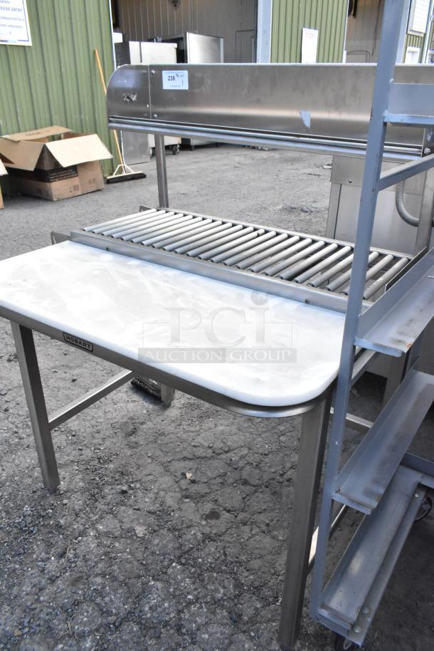 Hobart HRT5 stainless steel commercial roller conveyor wrapping station, excellent condition, with durable discharge table.