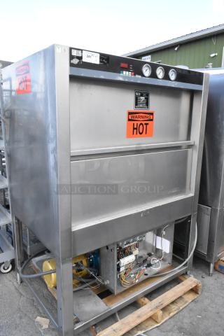 Douglas SD-20-E-480/3 stainless steel pot and pan washer, commercial front load, 480 Volts, 3 Phase. Warning labels visible.