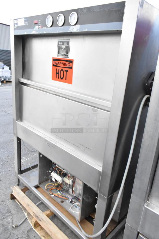 Douglas SD-20-E-480/3 stainless steel commercial pot and pan washer; front load, 480 volts, 3 phase. Warning label: "Hot."