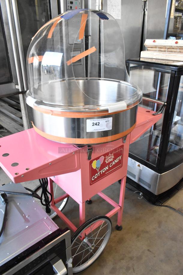 BRAND NEW Carnival King 382CCM21CT cotton candy machine with 21" stainless steel bowl, floss bubble, and pink cart, 120V.